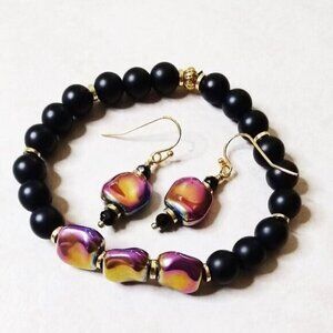 Bracelet + Earring Set with 2 Different Looks! Pink + Gold OR Blue + Purple!